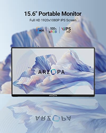 Portable Monitor, ARZOPA 15.6 Zoll 1080 FHD Tragbarer Monitor mit Externem HDR Eye Care-Bildschirm und HDMI/Typ-C/USB-C, für Laptop/PC/Mac/PS4/PS5/Xbox/Telefon (1080P)