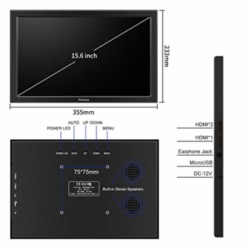 Tragbarer Monitor, Pisichen 15,6 Zoll TN-Bildschirm Full HD 1920 x 1080 HDMI Monitor Gaming tragbare ultradünne Schwarze Metallschale Eingebauter Lautsprecher, Kompatibel mit Laptop,Raspberry Pi - 2