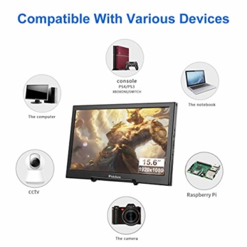 Tragbarer Monitor, Pisichen 15,6 Zoll TN-Bildschirm Full HD 1920 x 1080 HDMI Monitor Gaming tragbare ultradünne Schwarze Metallschale Eingebauter Lautsprecher, Kompatibel mit Laptop,Raspberry Pi - 5
